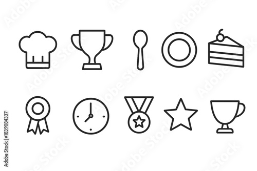 Kitchen and award line icon set. Cooking, dining, and trophy icons in outline style