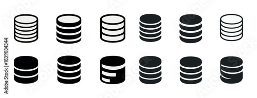 Set of twelve black and white cylinder icon variations