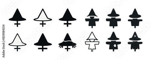 Set of witch hat and scarecrow icons in black and white