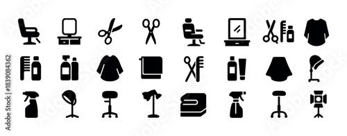 Barber and salon icon set: chairs, scissors, mirrors, haircare, styling