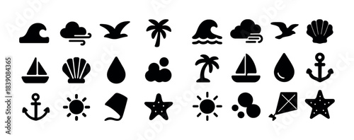 Set of beach and summer icons: palm tree, shell, anchor, sun, wave, kite, boat, starfish