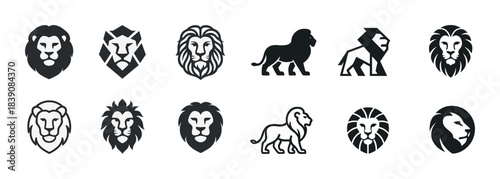 Set of lion logos and icons featuring various stylized designs