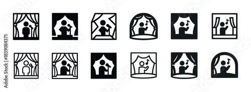 Simple theater icon set: performance, stage, curtains, audience, microphone