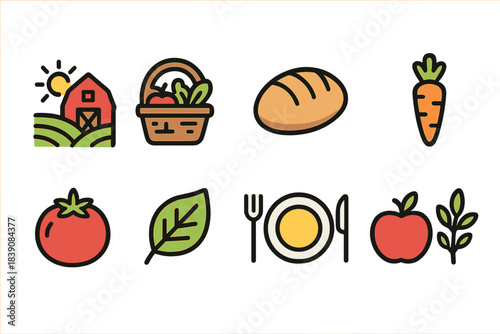 Agriculture and food outline icon set. Farm, produce, and meal outlines for healthy living.
