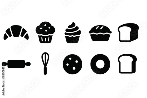 Bakery and pastry silhouette icon set. Croissant, muffin, bread icons collection