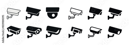 Set of cctv camera icons in black and white