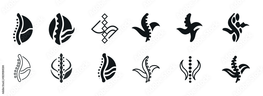 Fototapeta premium Set of abstract black and white floral silhouette icons