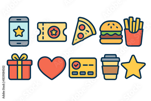 Fast food and online shopping flat icon set. Convenience and e-commerce icons collection.