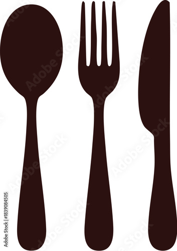 Utensil trio silhouette: spoon, fork, and knife icon on white background
