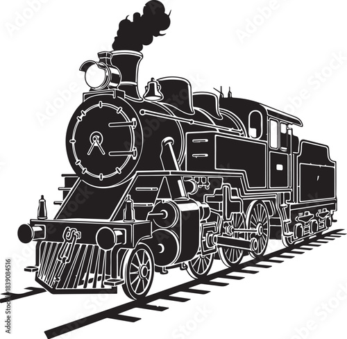 Classic black and white steam locomotive illustration driving on railway tracks
