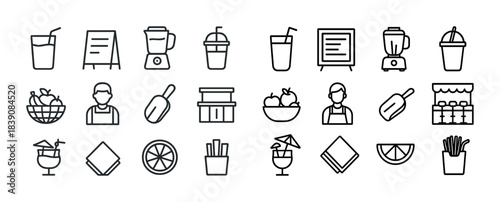 Set of juice bar icons including blender, juice, bowl, glass, menu, and snacks