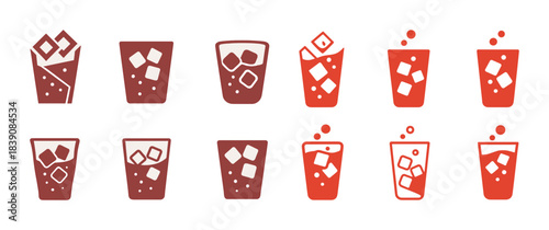 Assorted icon set of cold beverages with ice in various glass designs