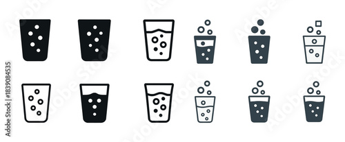 Set of 12 simple beverage glass icons with bubbles in various styles