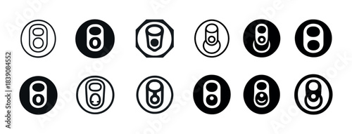 Twelve black and white soda can tab icon variations