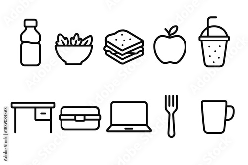 Food and drink line icon set: lunch, beverage, snack essentials in outline style