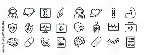Medical icons set: astronaut, heart, bone, muscle, virus, brain, heartbeat