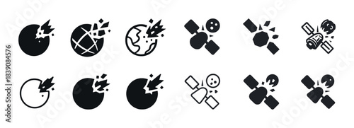 Impact icons: meteor, planet, satellite damage in black and white symbols