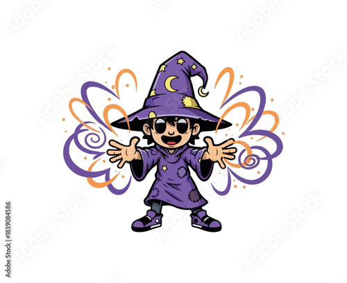 Young wizard with a hat and sunglasses casting a spell with magic.