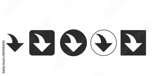 Black and white curved downward arrow icon set for UI design | Download button vector symbols in different shapes | UI/UX element showing movement or saving data directional pointer 