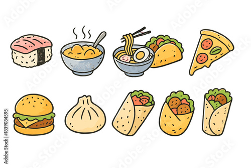 Food and cuisine flat icon set. Sushi, ramen, tacos, and pizza flat icons collection