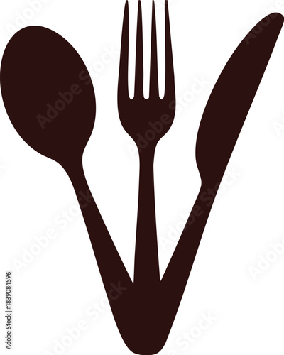 Overlapping V-shape spoon, fork, and knife cutlery silhouette iconcutlery, spoon, fork, knife, silhouette, restaurant, food, icon, dining, meal, kitchen, vector, simple, abstract, overlap, logo, elega