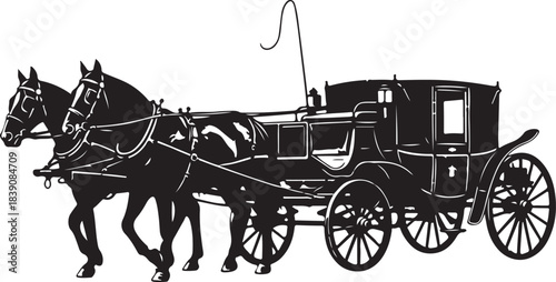 Classic Vintage Horse Drawn Carriage with Two Galloping Horses Silhouette Illustration