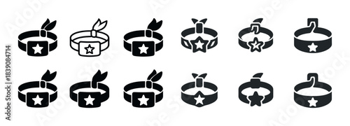 Set of black and white medal icons with stars and ribbons