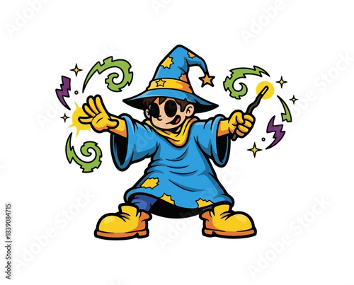 Cartoon Wizard Casting Spells with Magic Wand and Mystical Energy.
