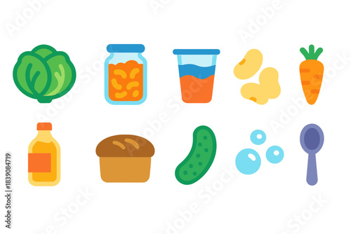 Food and grocery flat icon set. Healthy eating, cooking essentials flat collection