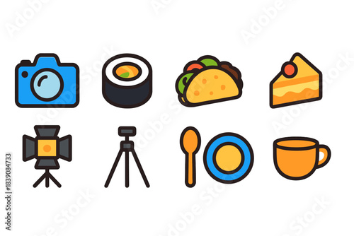 Food and photography flat icon set. Camera, dessert, cuisine icons flat collection