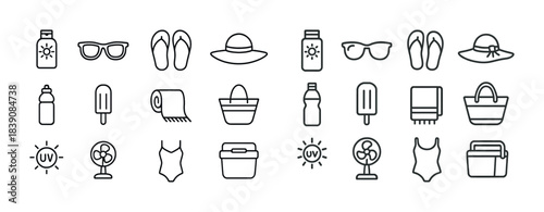Summer icons collection: beach essentials including sunscreen, sunglasses, flip-flops, hat, water bottle, ice pop, towel, tote bag, fan, swimsuit, uv protection