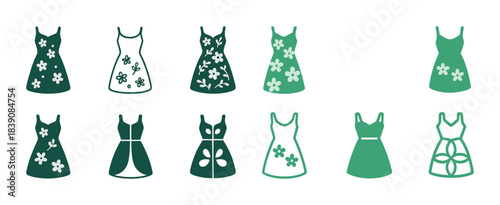 Green floral dress icons collection in various styles and patterns