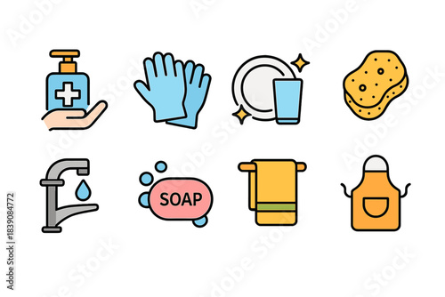 Cleaning, hygiene flat icon set. Soap, gloves, towel, sanitizer flat icons collection