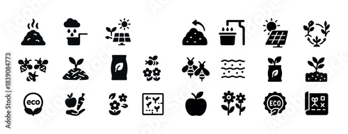 Eco-friendly icons for sustainable agriculture and renewable energy solutions