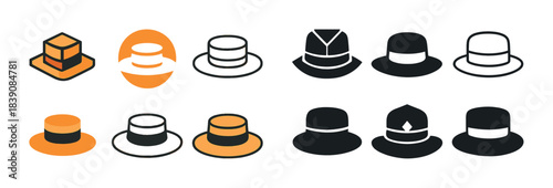 Isometric and flat hat icons set in orange and black designs