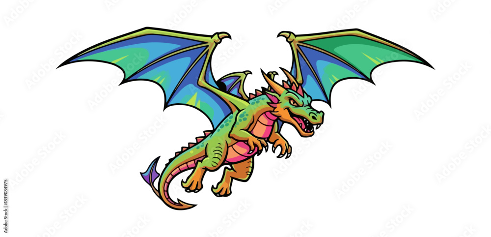Obraz premium Colorful Cartoon Dragon Flying with Wings Spread Wide.