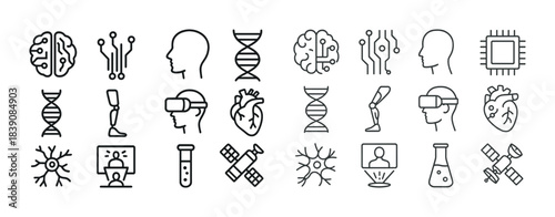 Icons set: technology, science, medicine, vr, ai, dna, robotics, neural, circuitry, innovation