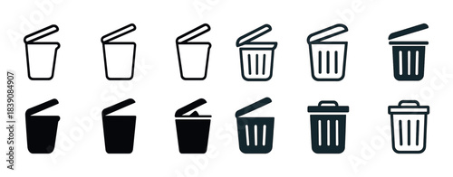 Set of trash bin icons in various styles and angles