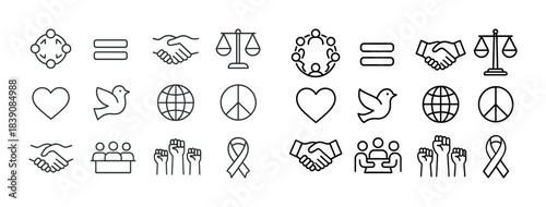 Symbols of unity and peace: handshake, dove, globe, peace sign, equality, ribbon, people