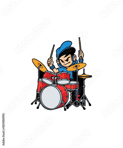 Cartoon Drummer Boy with Red Drum Set and Blue Hat.