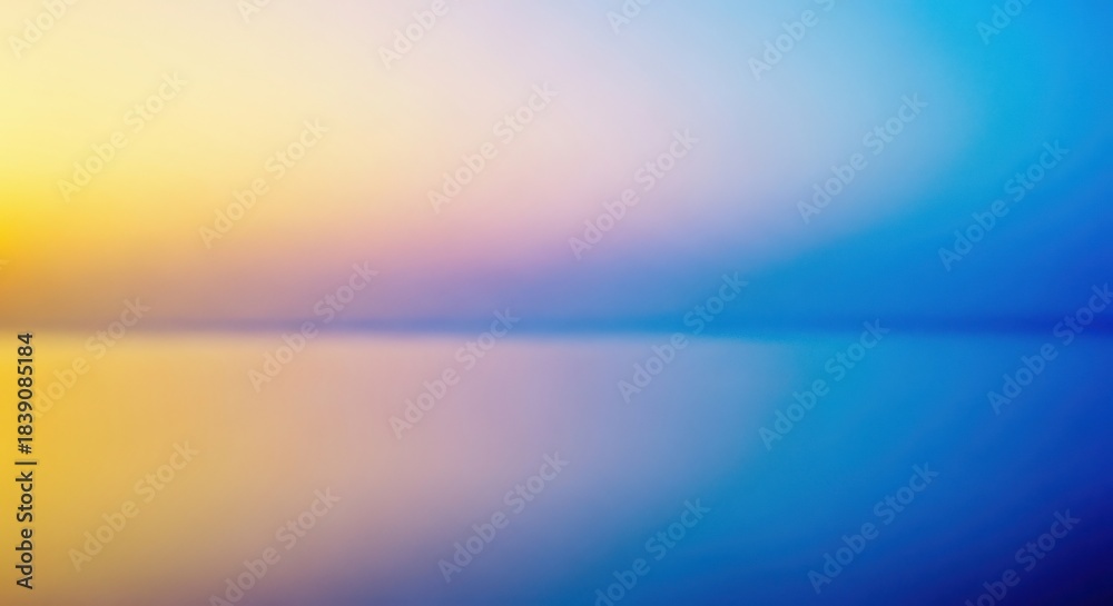 Fototapeta premium Abstract blurred background of yellow, purple, and blue gradients reflecting on a horizontal line, creating a serene, colorful horizon effect