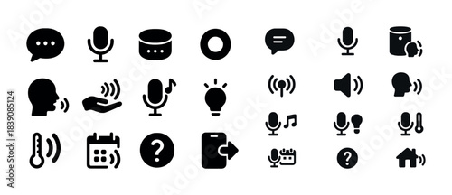 Voice control and communication icon set: microphone, sound, speech, thermostat, smart home