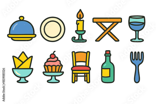 Dining and food flat icon set. Kitchen, restaurant, and tableware icons collection