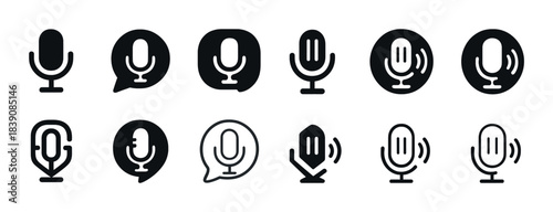 Set of microphone icons: black and white variations for audio and podcasting