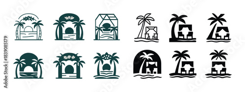 Set of twelve tropical beach house icons with palm trees and ocean views