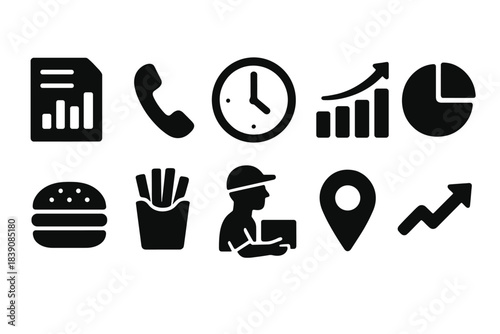 Business and delivery solid icon set. Fast food, analytics silhouette collection