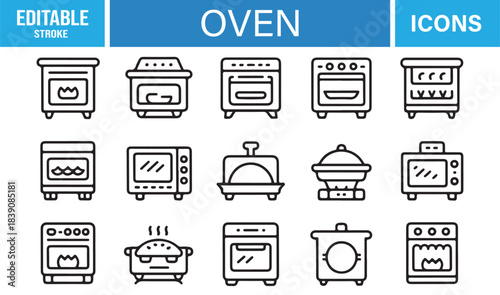 Vector Icon Set Depicting Cooking Appliances Such as Ovens, Grills, Heaters, Toasters, and Kitchen Heating Units