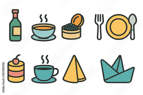 Food and dining icon set. Flat style icons for restaurant, cuisine, and dining themes