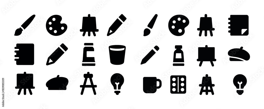 Fototapeta premium Art tools icons: paintbrush, easel, palette, pencil, paint bottle, beret