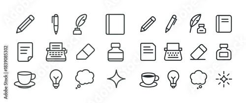 Writing and creative icons: pens, ink, typewriters, notebooks, and ideas